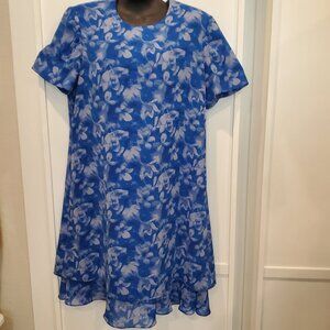 LESLIE FAY Vintage Blue Floral Short Sleeve Fully Lined Flowy Dress, Size 18